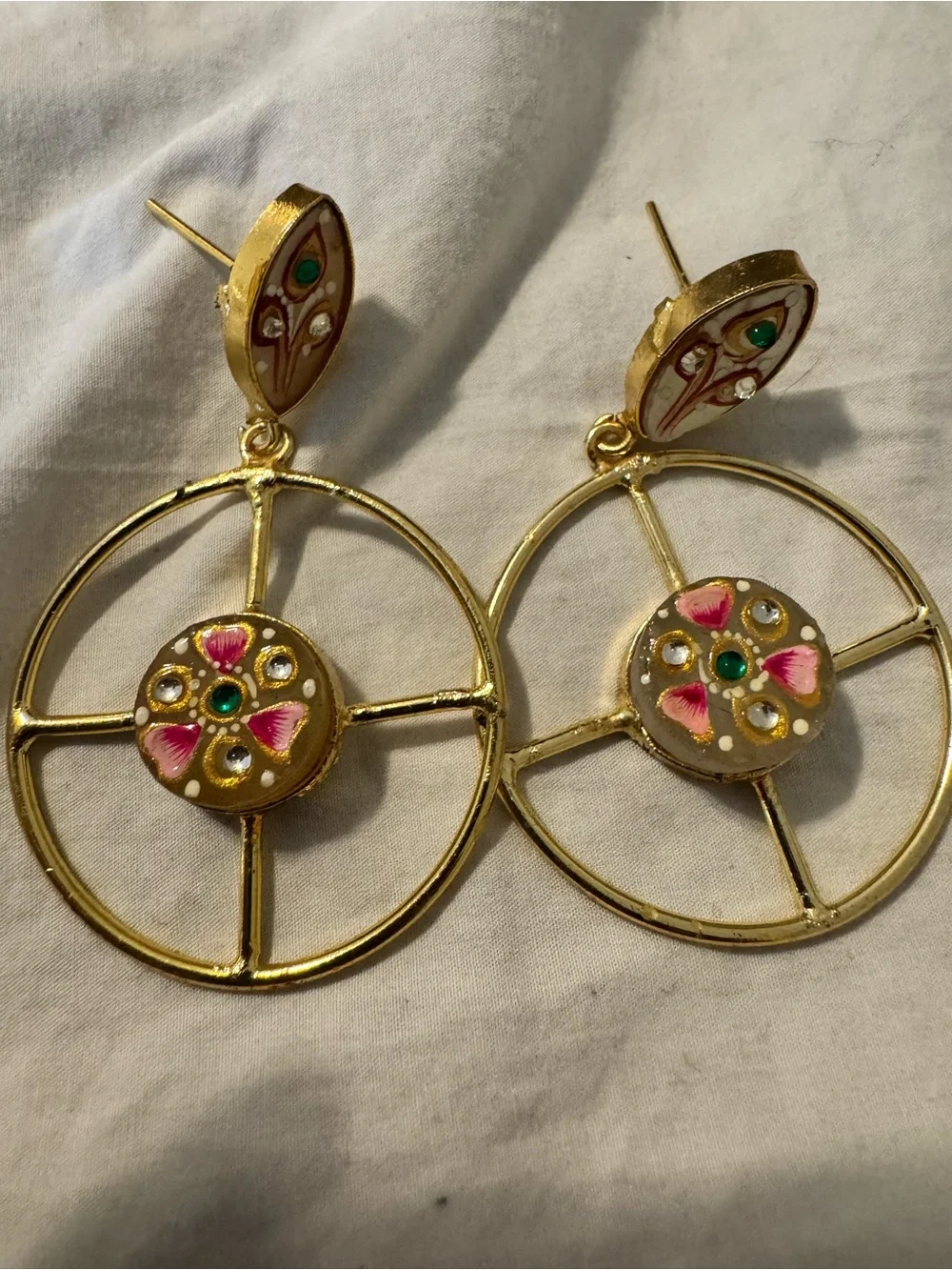 Desi Gold-Tone Hoop Drop Earrings with Pink & Green Enamel Accents